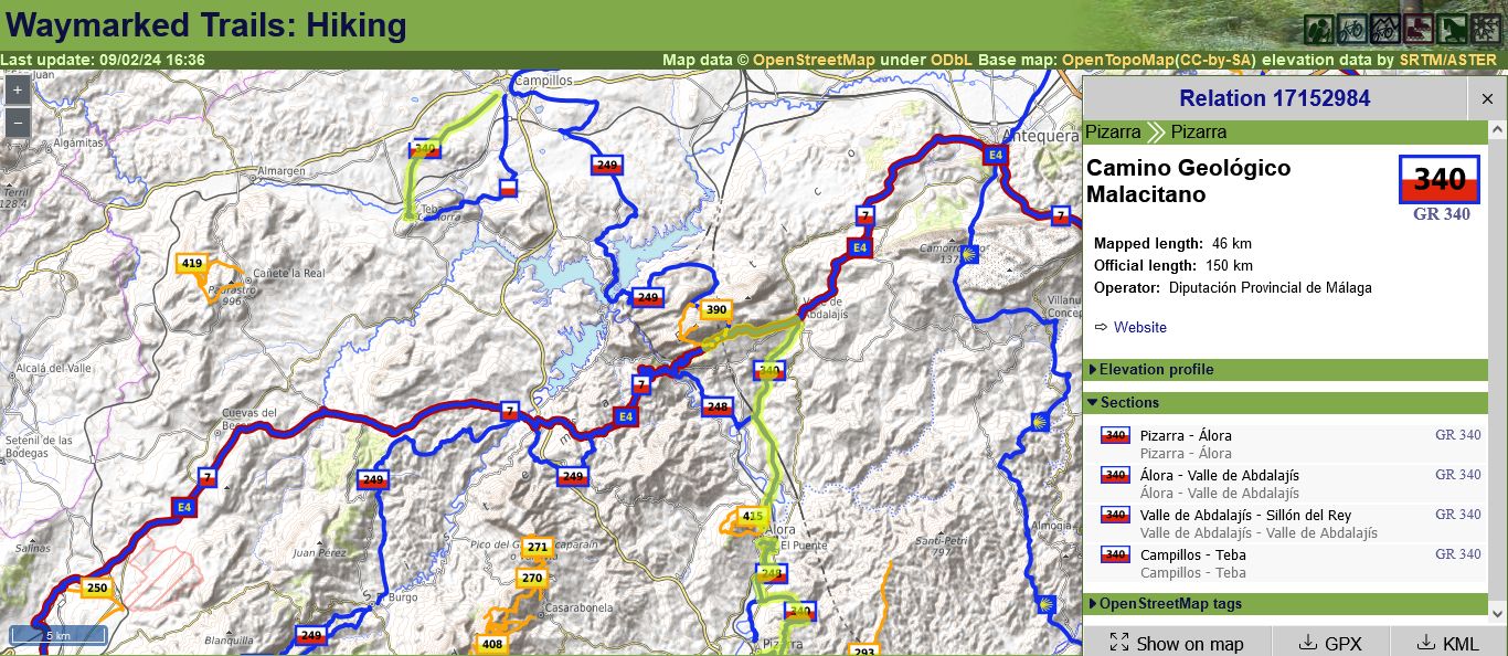 Screenshot from waymarkedtrails.org showing some sections of the GR 340 on the map