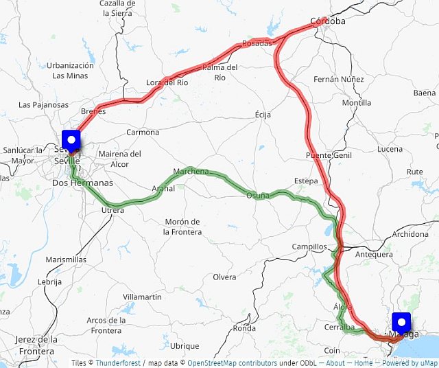 Map of part of Spain, showing two routes between Seville and Malaga.